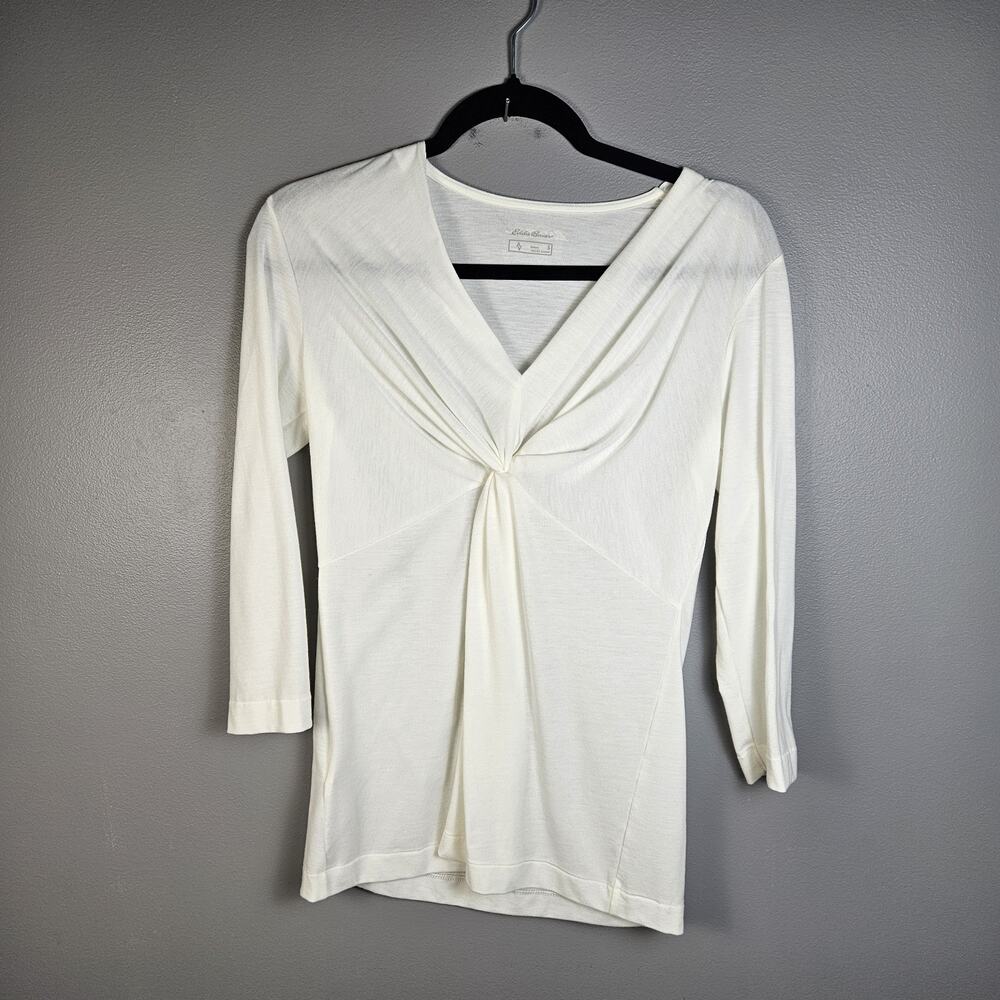 Eddie Bauer Twist Front Blouse V Neck Ivory Womens Size Small‎ Strech Shirt